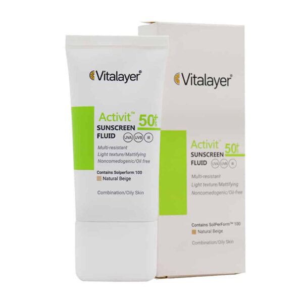 فلوئید ضدآفتاب پوست چرب ویتالیر رنگ بژ طبیعی SPF50 حجم 50 میلی لیتر