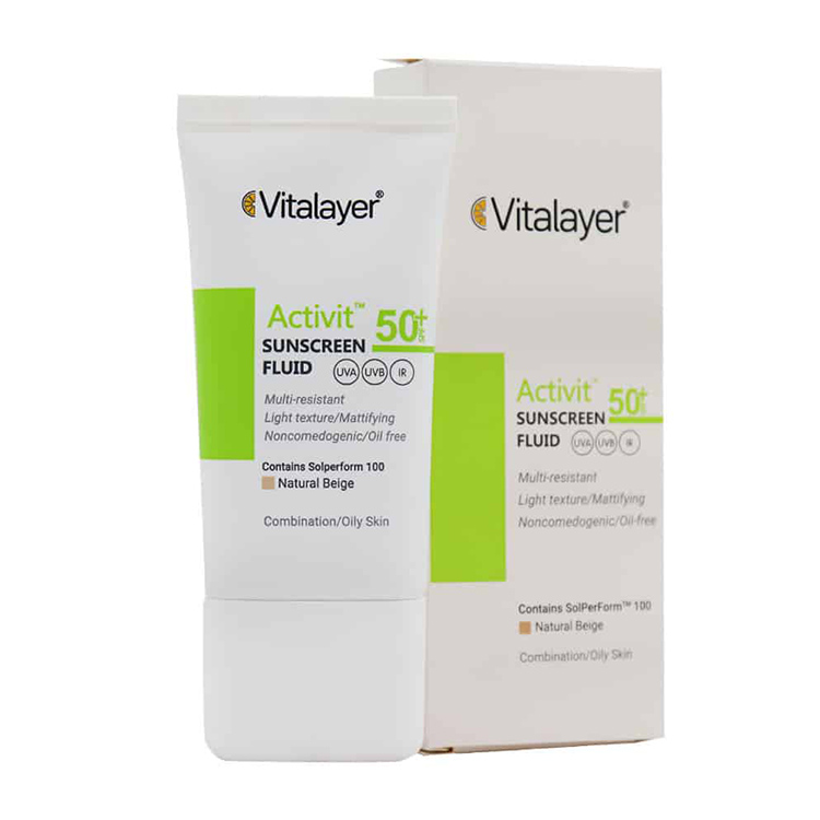 فلوئید ضدآفتاب پوست چرب ویتالیر رنگ بژ طبیعی SPF50 حجم 50 میلی لیتر